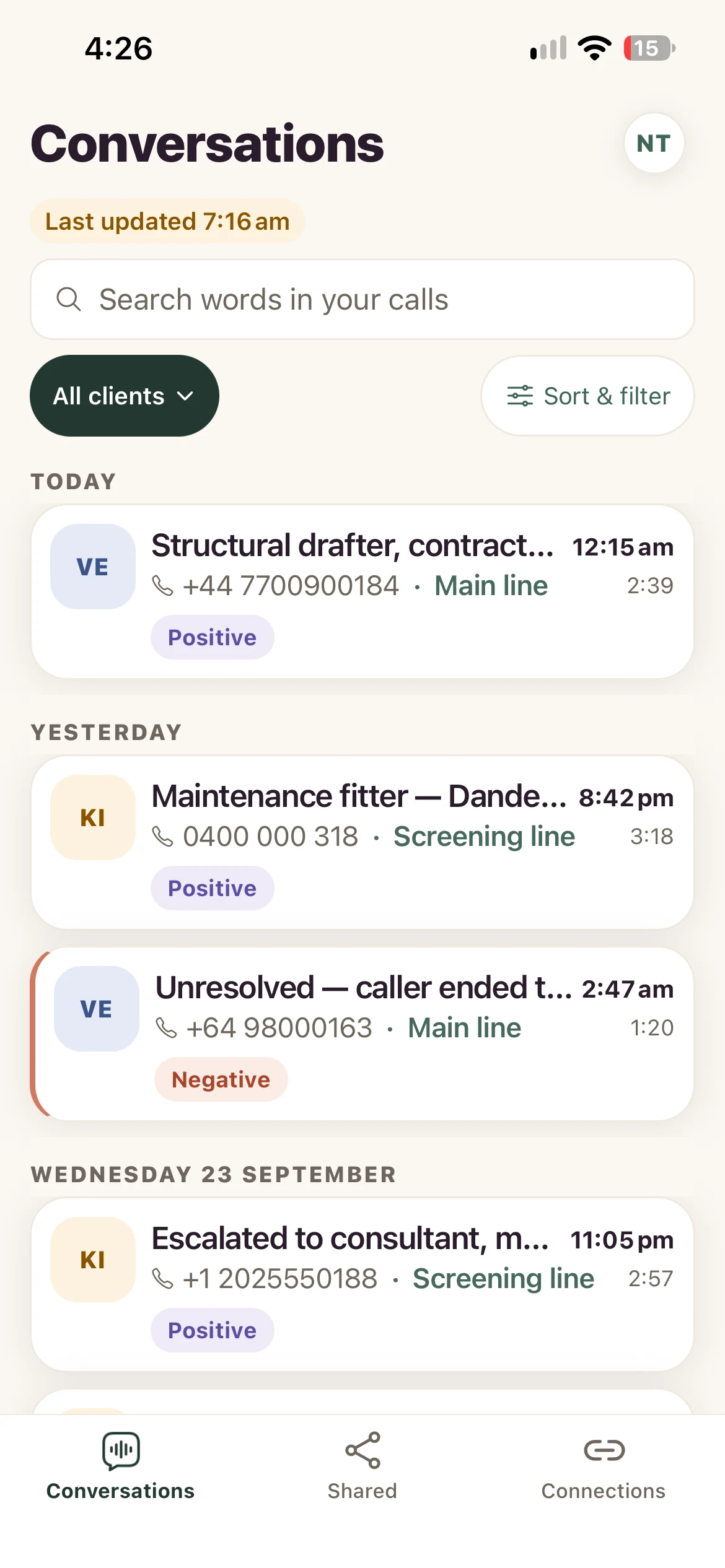 Fig Conversations screen: search across your calls, client and sort filters, and each call with its outcome